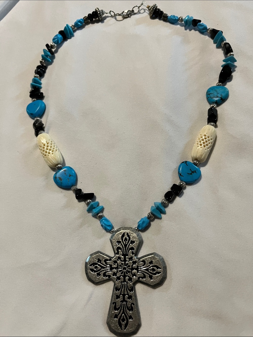 Turquoise and Black Beaded Necklace with Silver Cross Pendant